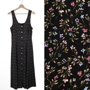 Vintage Olivia James Ditsy Floral Dress Button Front Midi Maxi Black Medium